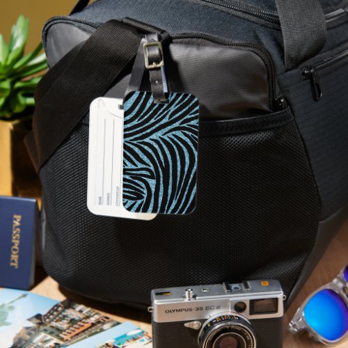 Aqua Faux Glitter Zebra Print Luggage Tag