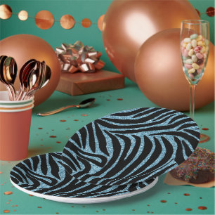 Aqua Faux Glitter Zebra Print Paper Plates