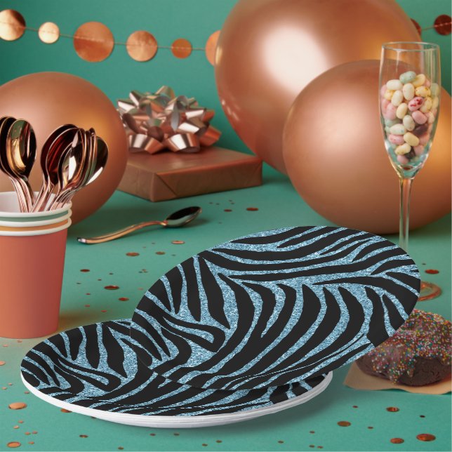 Aqua Faux Glitter Zebra Print Paper Plates (Multi)