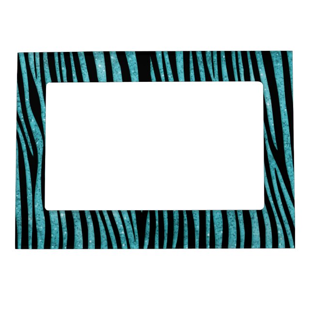 Aqua Faux Glitter Zebra Stripes Magnetic Picture Frame (Front)
