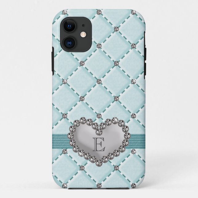 Aqua Faux Quilted Rhinestone Heart Case-Mate iPhone Case (Back)
