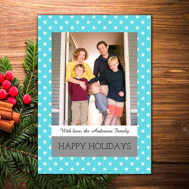 Aqua Festive Stars Holiday Photo Flat Card (Aqua Festive Stars Holiday Photo Card)
