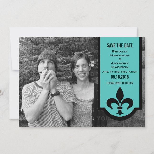 Aqua Fleur De Lis Banner Save the Date Invite (Front)
