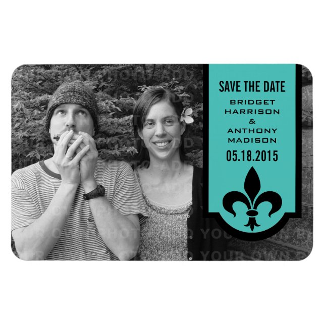 Aqua Fleur De Lis Banner Save the Date Magnet (Horizontal)