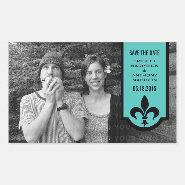 Aqua Fleur De Lis Banner Save the Date Stickers (Front)