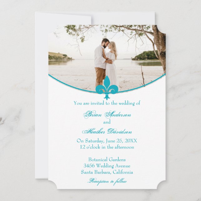 Aqua Fleur de Lis Photo Wedding Invitation (Front)