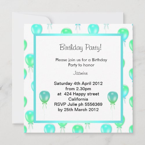 aqua floating balloon BIRTHDAY PARTY INVITATION