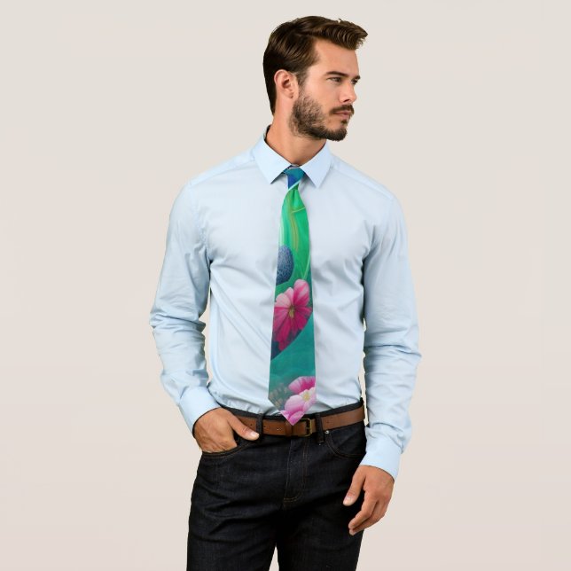Aqua Floral Abstract Garden   Neck Tie (In Situ)