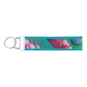 Aqua Floral Abstract Garden Wrist Keychain