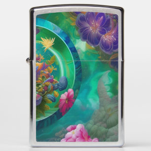 Aqua Floral Abstract Garden Zippo Lighter