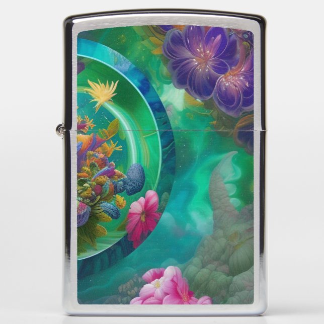 Aqua Floral Abstract Garden  Zippo Lighter (Front)