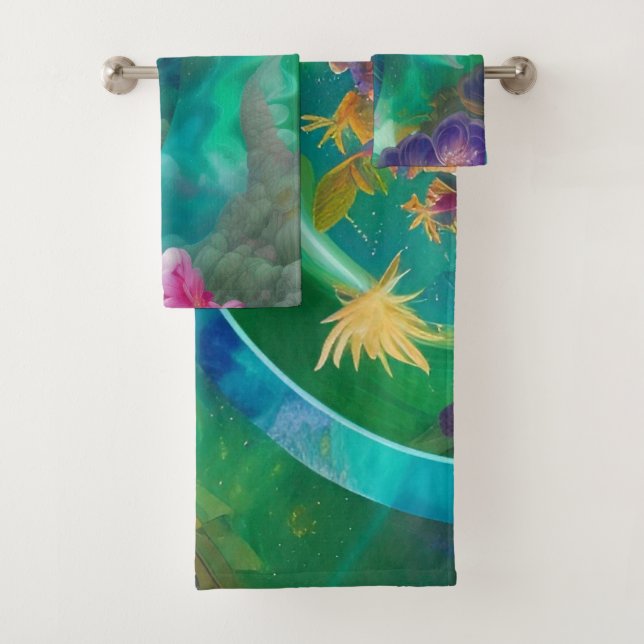 Aqua Floral Abstract underwater Garden   Bath Towel Set (Insitu)