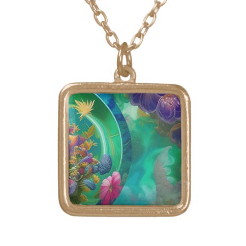 Aqua Floral Abstract underwater Garden  Gold Plated Necklace