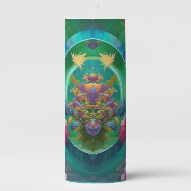 Aqua Floral Abstract underwater Garden  Pillar Candle (Front)