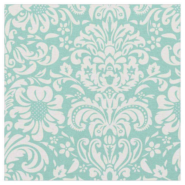 Aqua Floral Damask Fabric (Close Up)