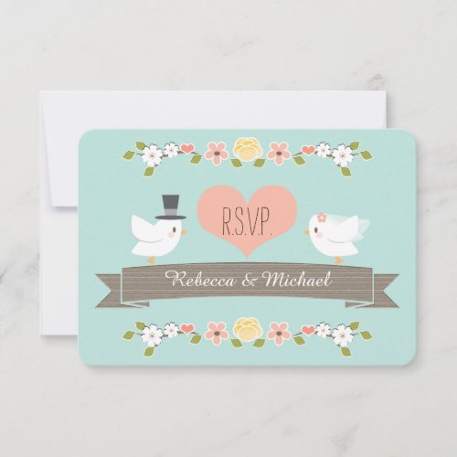 Aqua Floral Dove Wedding RSVP Response Cards
