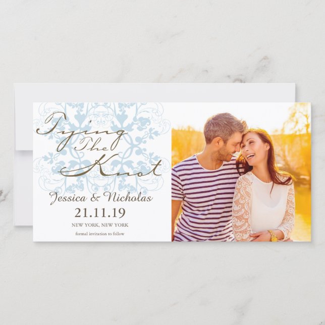 Aqua Floral Flourish Tying The Knot Photo Card (Front)