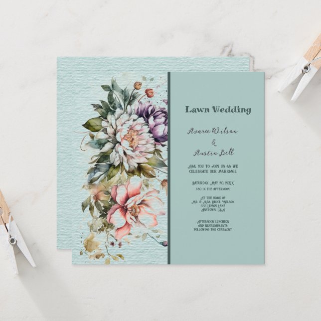 Aqua Floral Lawn Wedding Invitation (Front/Back In Situ)