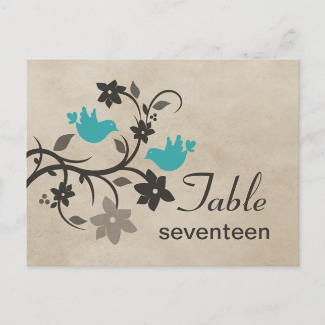 Aqua Floral Lovebirds Table Number Postcard (Front)