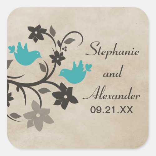 Aqua Floral Lovebirds Wedding Stickers