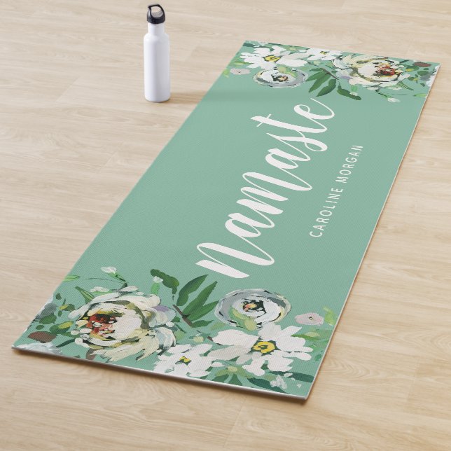 Aqua Floral Namaste Monogrammed Yoga Mat (In Situ)
