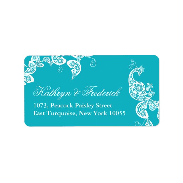 Aqua Floral Paisley Peacock Wedding Address Labels (Front)