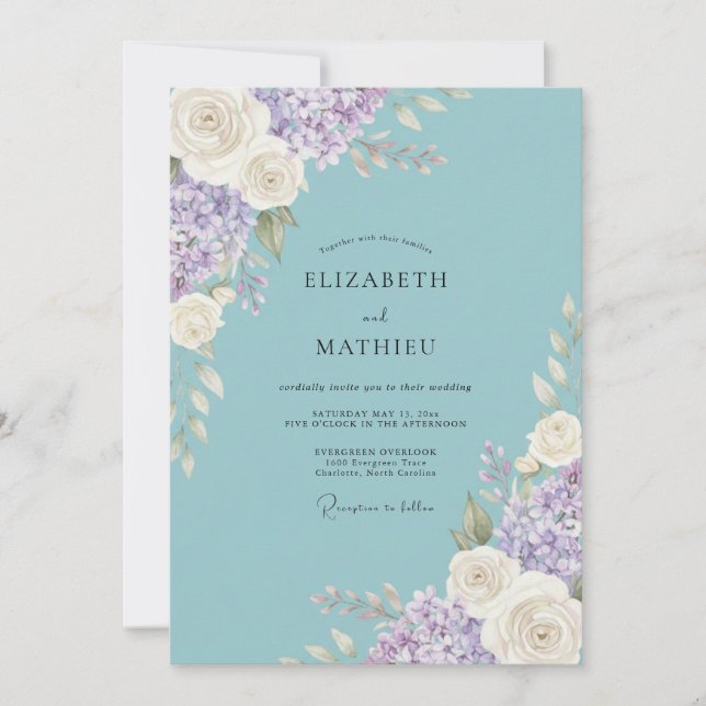 Aqua Floral Romantic Wedding Invitation (Front)