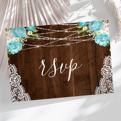 Aqua Floral Rustic Wood String Lights Wedding RSVP Postcard