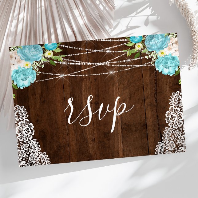 Aqua Floral Rustic Wood String Lights Wedding RSVP Postcard (Creator Uploaded)
