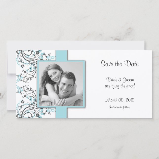 Aqua Floral Save the Date Photo Cards (Front)