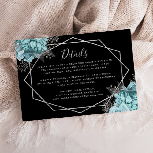 Aqua Floral Silver Black Wedding Details