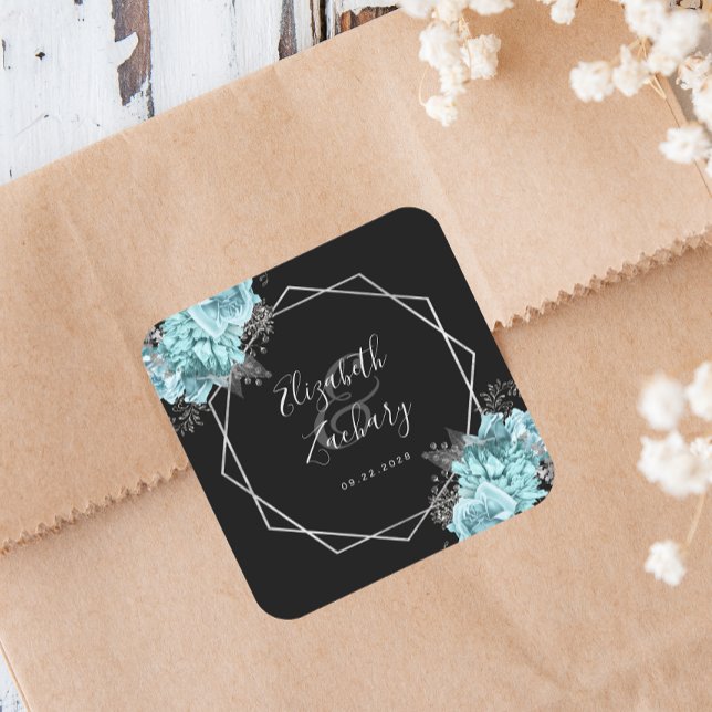 Aqua Floral Silver Geometric Black Wedding Square Sticker (Creator Uploaded)