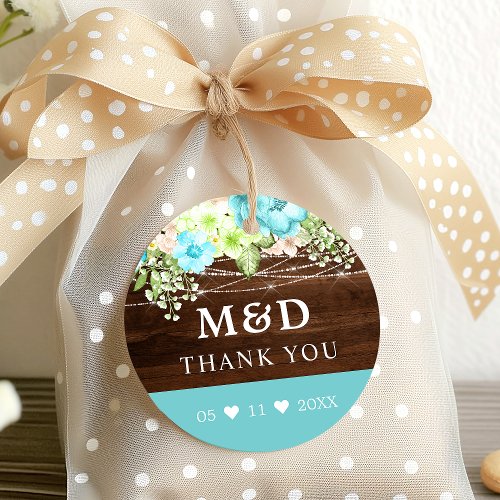 Wedding Favor Tags 5 Aqua Floral String Lights Rustic Thank You Wedding Favor Tags