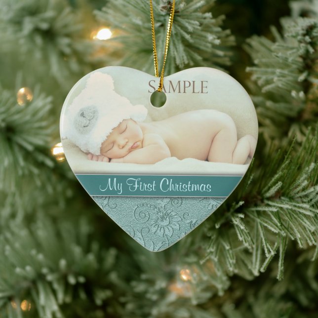Aqua Floral Swirl Baby First Christmas Ceramic Ornament (Tree)