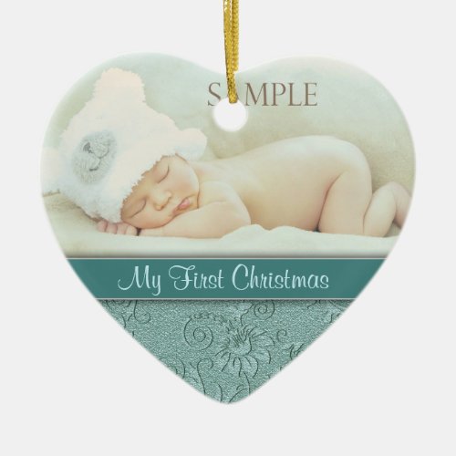 Aqua Floral Swirl Baby First Christmas Ceramic Ornament