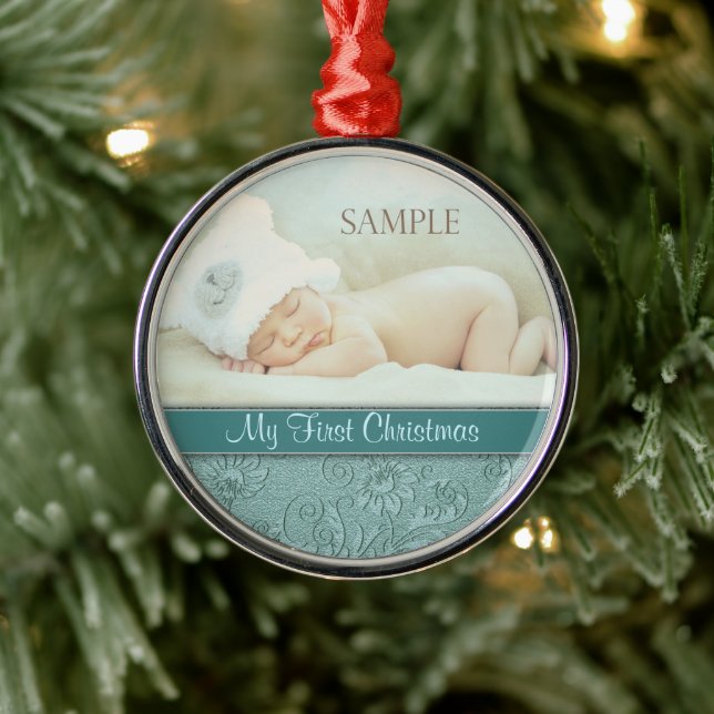 Aqua Floral Swirl Baby First Christmas Metal Ornament (Tree)