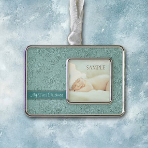 Aqua Floral Swirl Baby First Christmas Ornament