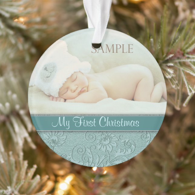 Aqua Floral Swirl Baby First Christmas Ornament (Tree)
