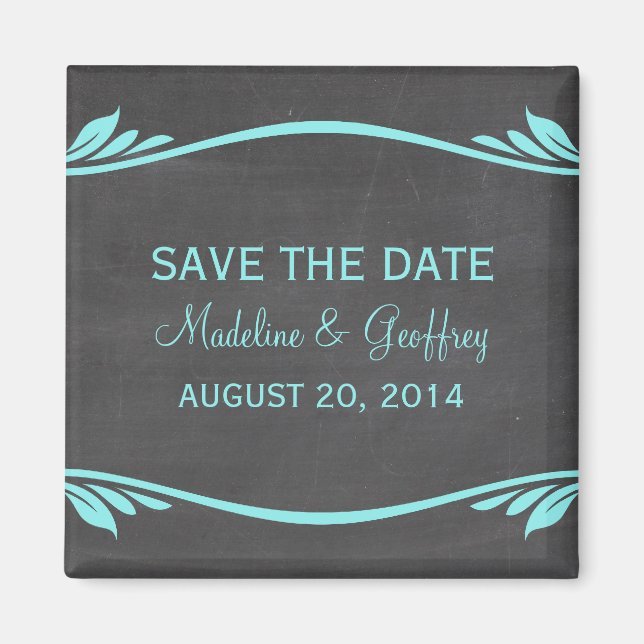 Aqua Flourish Chalkboard Save the Date Magnet (Front)