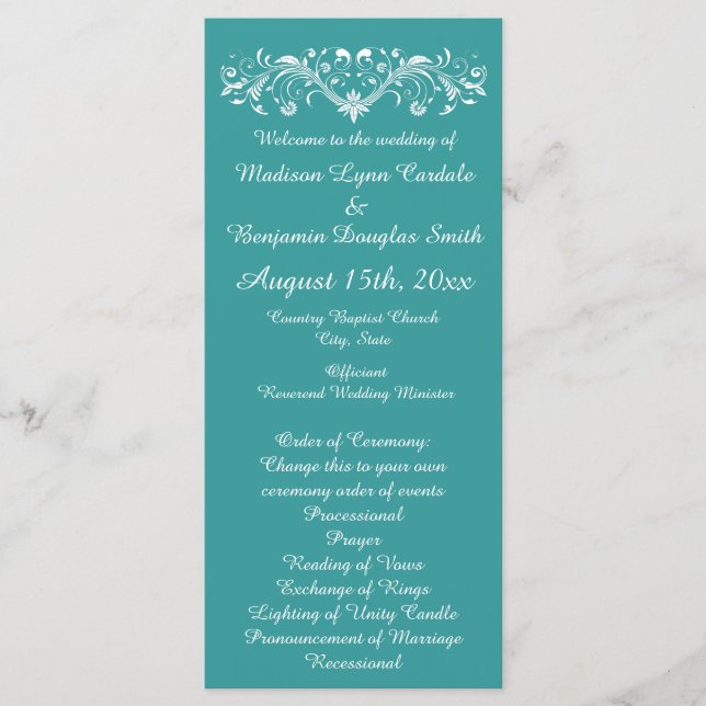 Aqua Flourish Teal Turquoise Wedding Programs (Front)