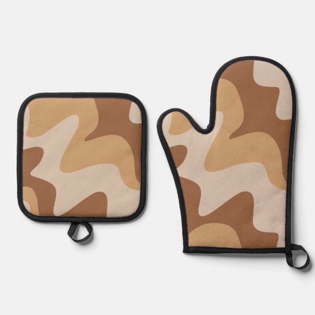 Aqua Flow Brown Cream Silver Quilted Oven Mitt & Pot Holder Set (Front)