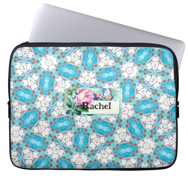 Aqua Flower Pattern Laptop Sleeve (Front)