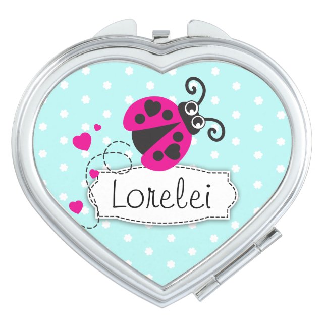 Aqua flower polka dots name pink ladybug mirror (Front)