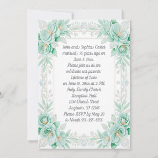 Aqua Flowers and Diamonds 75th Anniversary Invitation