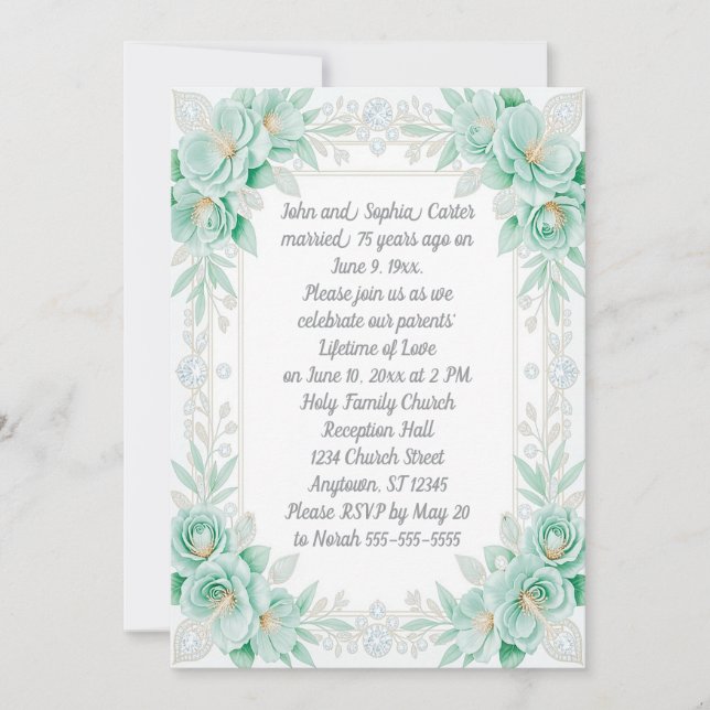 Aqua Flowers and Diamonds 75th Anniversary Invitation (Front)