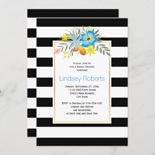 Aqua flowers and stripes wedding bridal shower invitation
