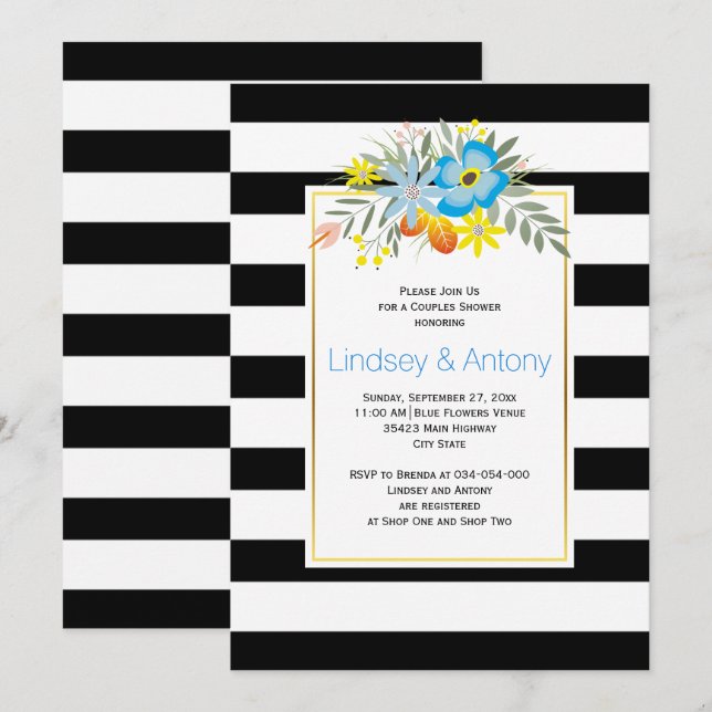 Aqua flowers and stripes wedding couple's shower invitation (Front/Back)