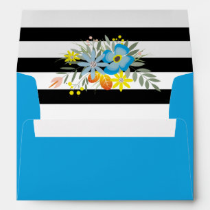 Aqua flowers black white stripes floral wedding envelope