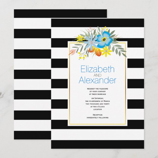 Aqua flowers, black white stripes floral wedding invitation (Front/Back)