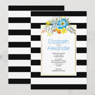 Aqua flowers, black white stripes floral wedding invitation